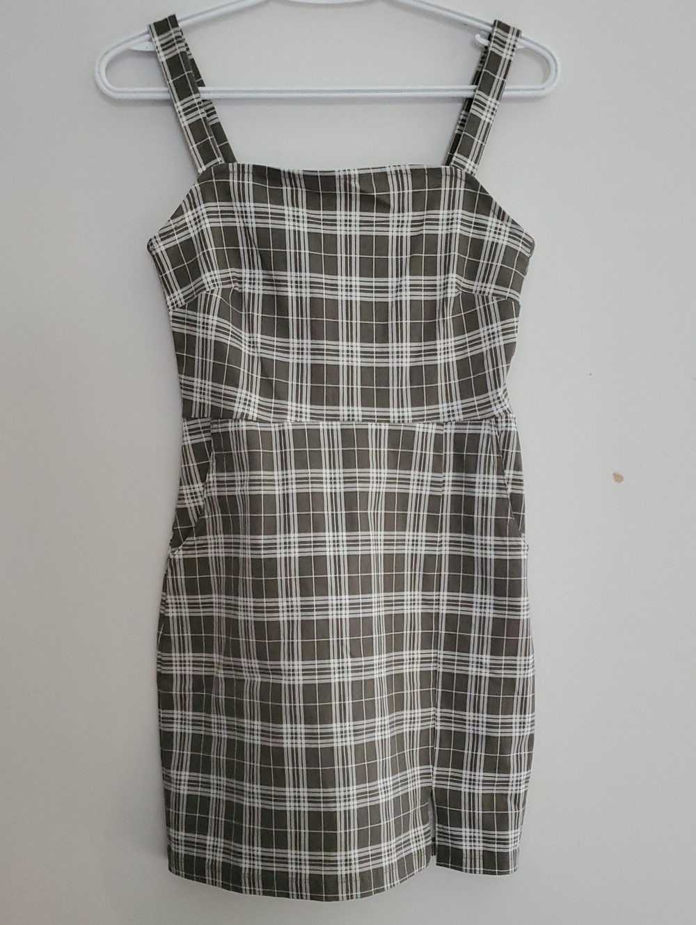 Square-Neck Plaid Mini Dress in Olive Green